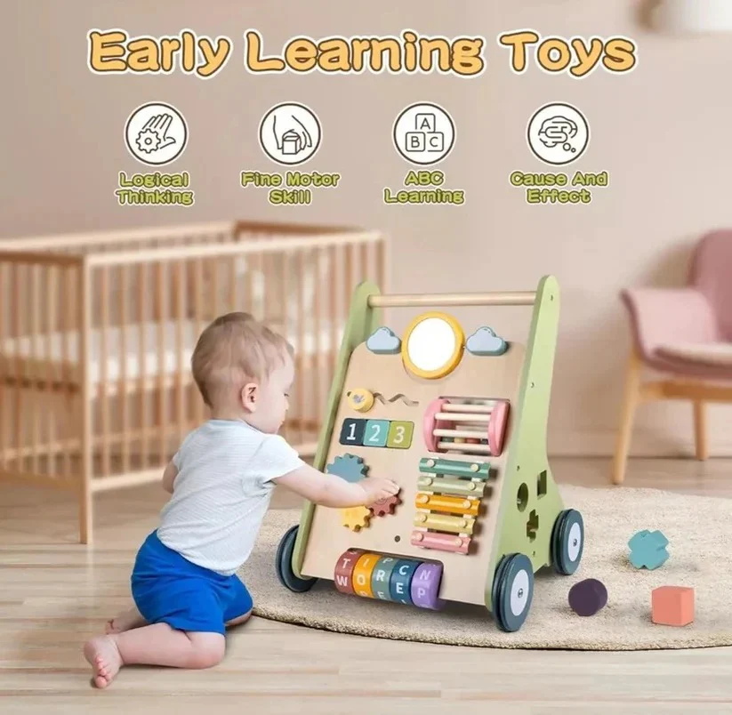 Wooden Activity Walker with Adjustable Wheel Resistance - Image 4