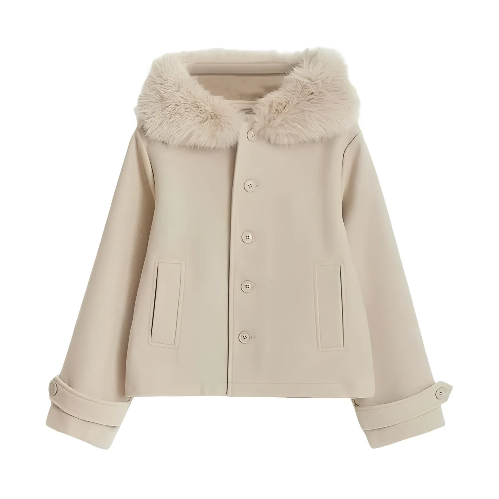 Women’s Wool Blend Coat with Removable Fur Collar and Button Closure - Image 3