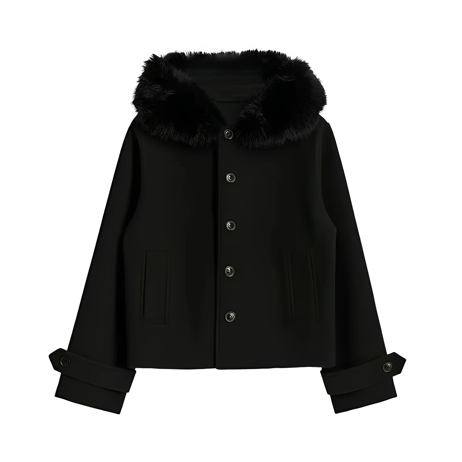 Women’s Wool Blend Coat with Removable Fur Collar and Button Closure - Image 4